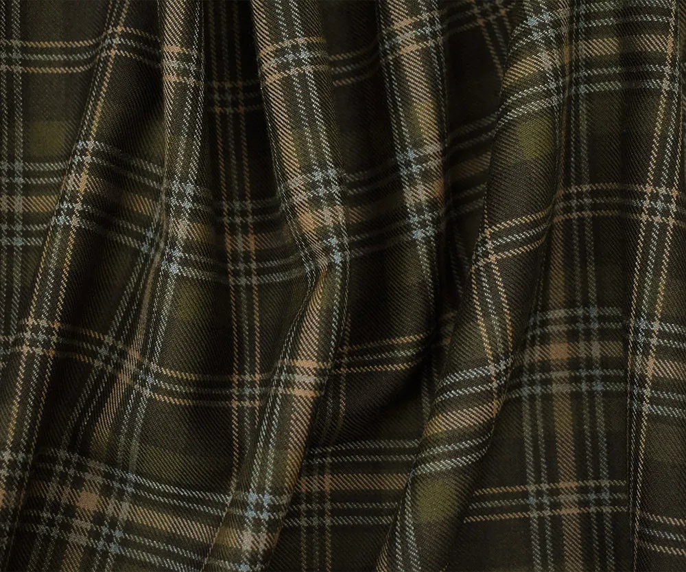 Green-Brown-Multi Wool-Polyester Plaid Twill Suiting Woven Fabric