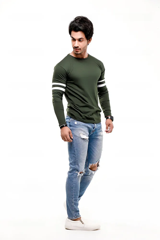 Green Contrast Full Sleeve Stripe T-Shirt