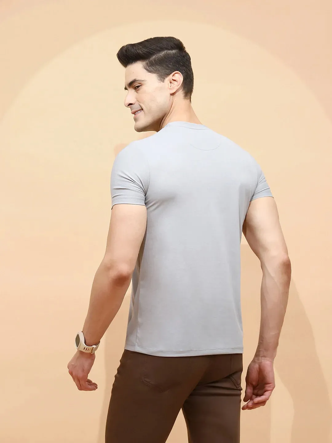 Grey Cotton Blend Regular Fit T-Shirt For Men