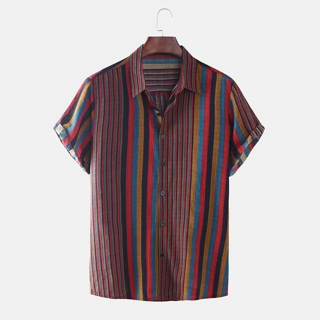 Hawaii Men Shirt Blouse Multicolor stripes Loose Short Sleeve