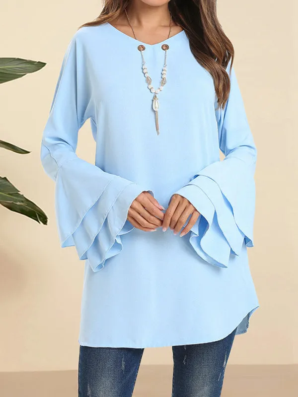 Hollow Layered Flared Sleeves Long Sleeves V-Neck Blouses&Shirts Tops