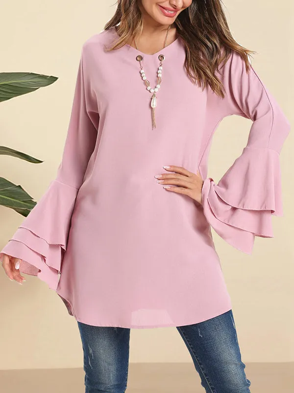 Hollow Layered Flared Sleeves Long Sleeves V-Neck Blouses&Shirts Tops