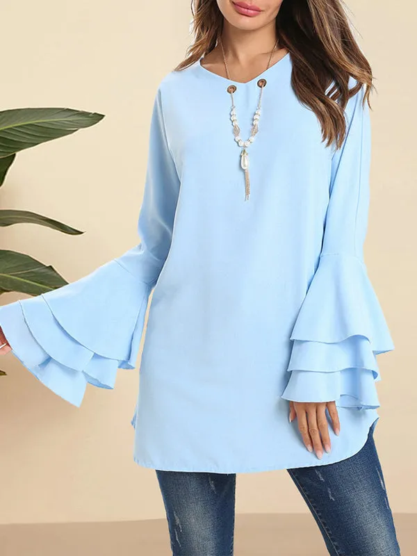 Hollow Layered Flared Sleeves Long Sleeves V-Neck Blouses&Shirts Tops