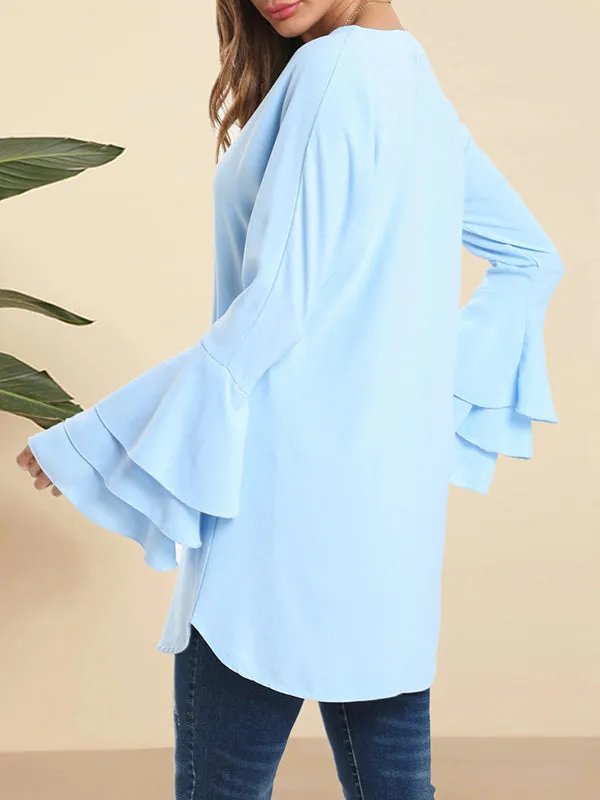 Hollow Layered Flared Sleeves Long Sleeves V-Neck Blouses&Shirts Tops