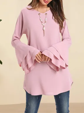 Hollow Layered Flared Sleeves Long Sleeves V-Neck Blouses&Shirts Tops