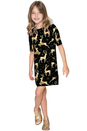 Holly Jolly Grace Black & Gold Animal Print Cute Shift Dress - Girls