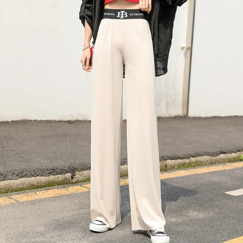 Ice Silk Wide Leg Pants Women High Waist Drape Black Loose Thin Floor Length Casual Straight Long Pants