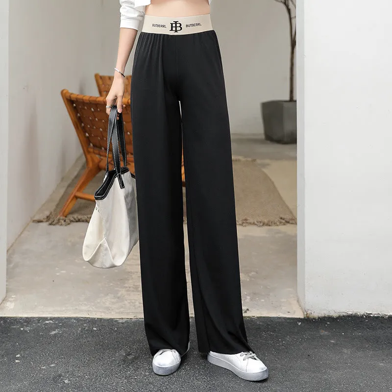 Ice Silk Wide Leg Pants Women High Waist Drape Black Loose Thin Floor Length Casual Straight Long Pants