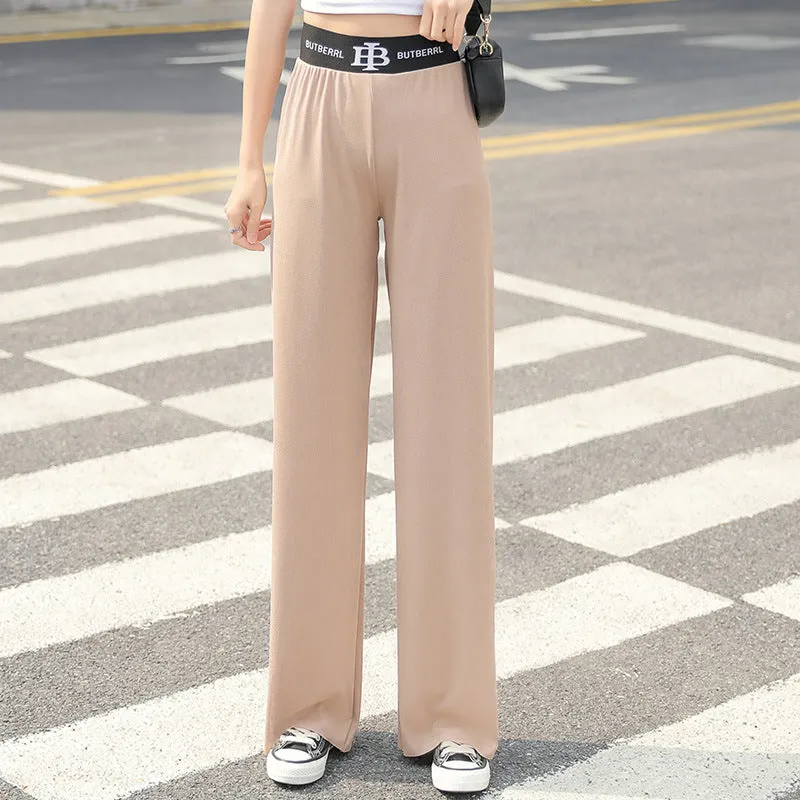 Ice Silk Wide Leg Pants Women High Waist Drape Black Loose Thin Floor Length Casual Straight Long Pants