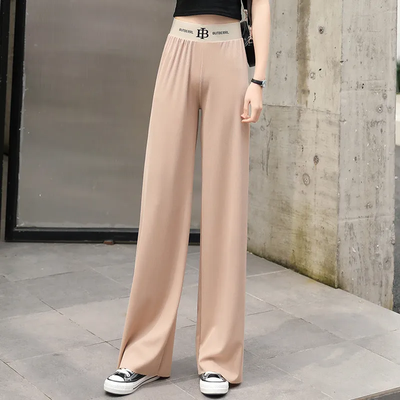 Ice Silk Wide Leg Pants Women High Waist Drape Black Loose Thin Floor Length Casual Straight Long Pants