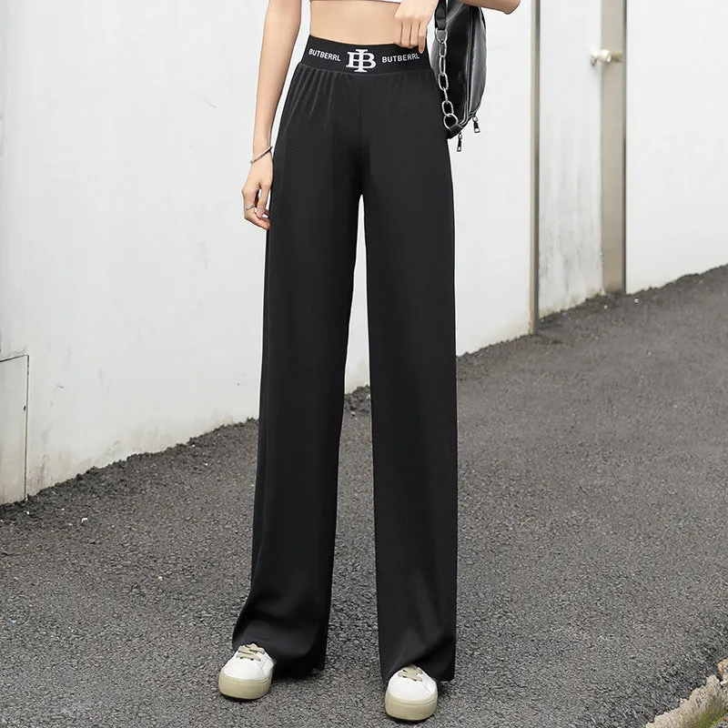 Ice Silk Wide Leg Pants Women High Waist Drape Black Loose Thin Floor Length Casual Straight Long Pants