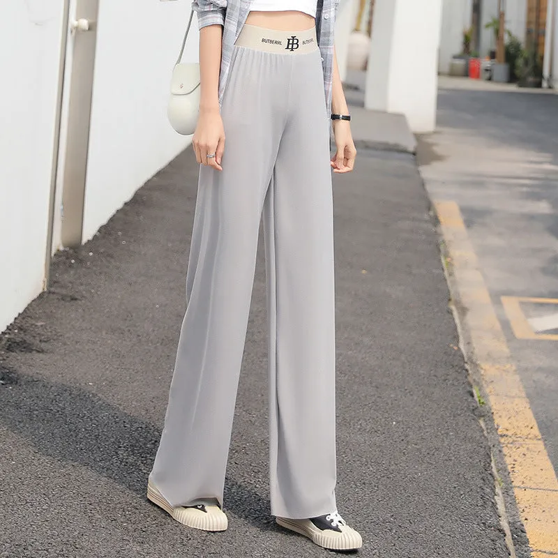 Ice Silk Wide Leg Pants Women High Waist Drape Black Loose Thin Floor Length Casual Straight Long Pants