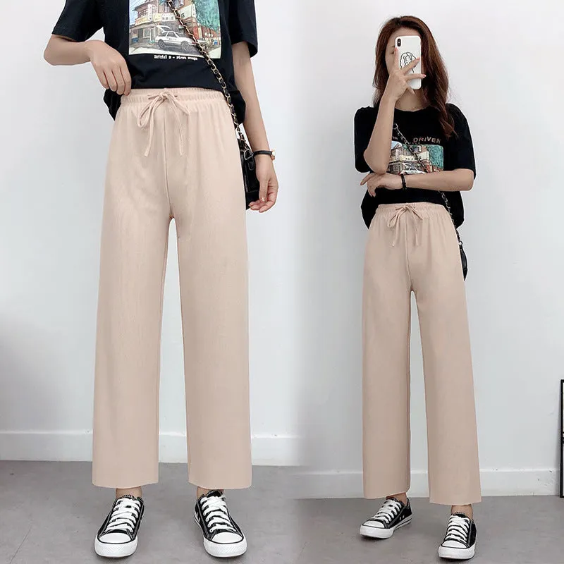 Ice Silk Wide Leg Pants Women Summer Korean High Waist Loose Thin Ankle-Length Drape Straight Casual Pants