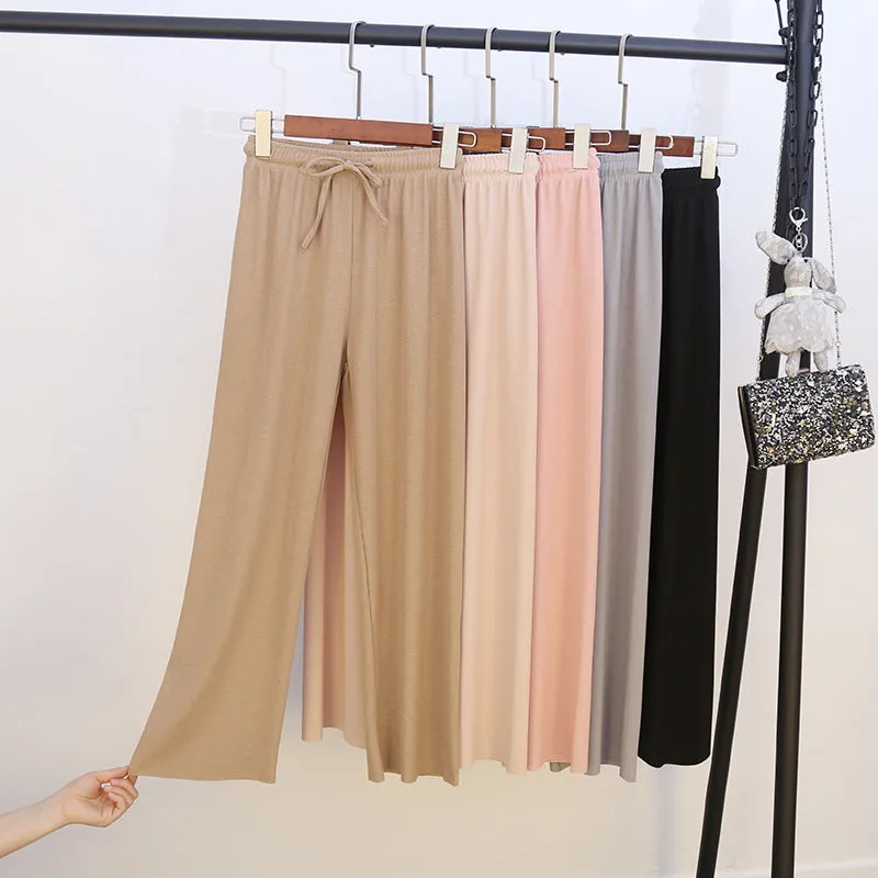 Ice Silk Wide Leg Pants Women Summer Korean High Waist Loose Thin Ankle-Length Drape Straight Casual Pants