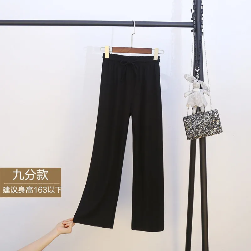 Ice Silk Wide Leg Pants Women Summer Korean High Waist Loose Thin Ankle-Length Drape Straight Casual Pants