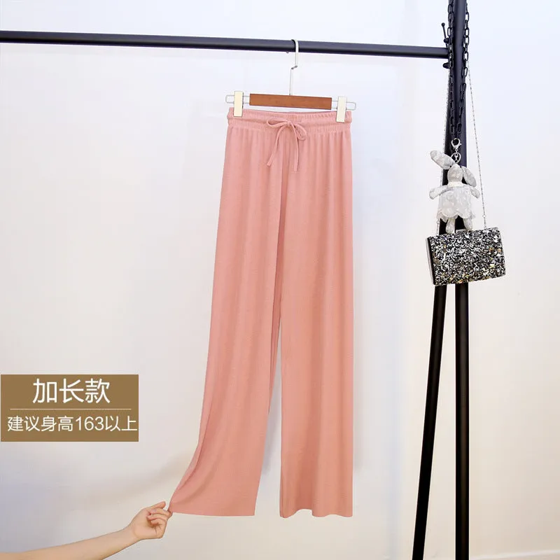 Ice Silk Wide Leg Pants Women Summer Korean High Waist Loose Thin Ankle-Length Drape Straight Casual Pants