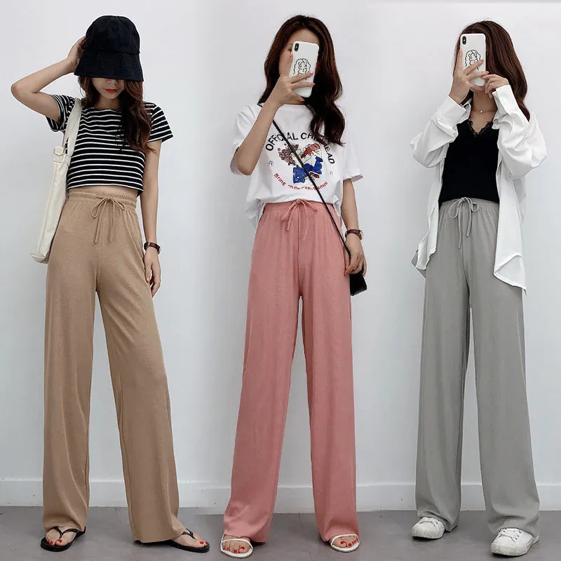 Ice Silk Wide Leg Pants Women Summer Korean High Waist Loose Thin Ankle-Length Drape Straight Casual Pants