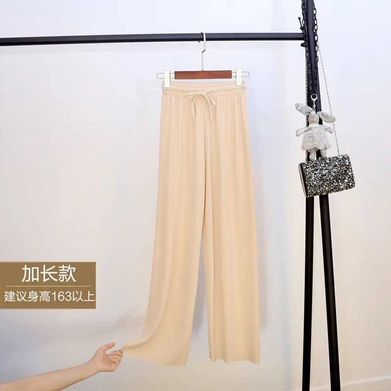 Ice Silk Wide Leg Pants Women Summer Korean High Waist Loose Thin Ankle-Length Drape Straight Casual Pants