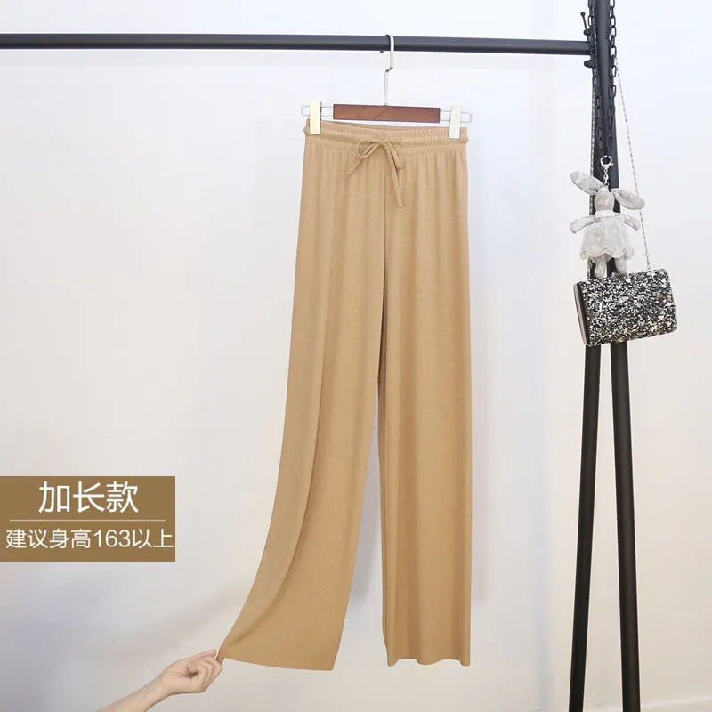 Ice Silk Wide Leg Pants Women Summer Korean High Waist Loose Thin Ankle-Length Drape Straight Casual Pants