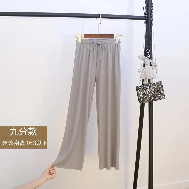 Ice Silk Wide Leg Pants Women Summer Korean High Waist Loose Thin Ankle-Length Drape Straight Casual Pants