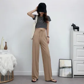 Ice Silk Wide Leg Pants Women Summer Korean High Waist Loose Thin Ankle-Length Drape Straight Casual Pants