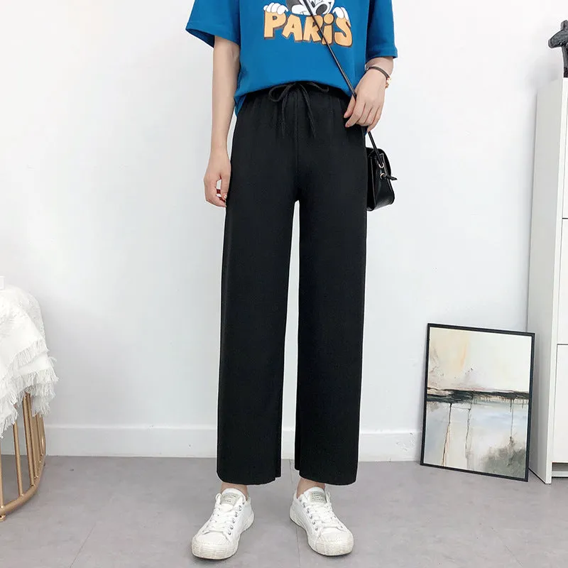 Ice Silk Wide Leg Pants Women Summer Korean High Waist Loose Thin Ankle-Length Drape Straight Casual Pants