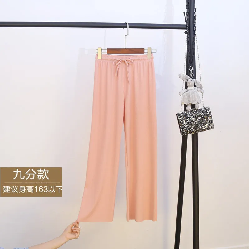 Ice Silk Wide Leg Pants Women Summer Korean High Waist Loose Thin Ankle-Length Drape Straight Casual Pants