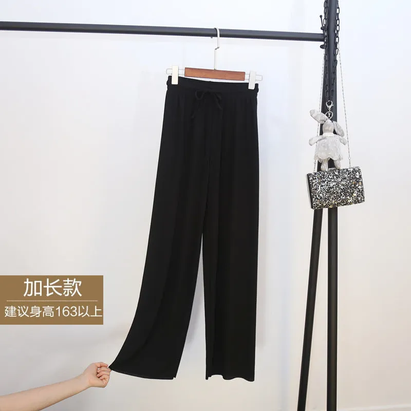 Ice Silk Wide Leg Pants Women Summer Korean High Waist Loose Thin Ankle-Length Drape Straight Casual Pants