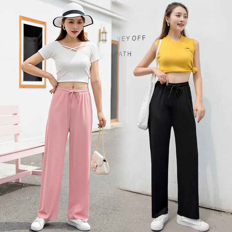 Ice Silk Wide Leg Women Summer High Waist Drape Slim-Look Loose All-Matching Straight Thin Floor Length Casual Pants