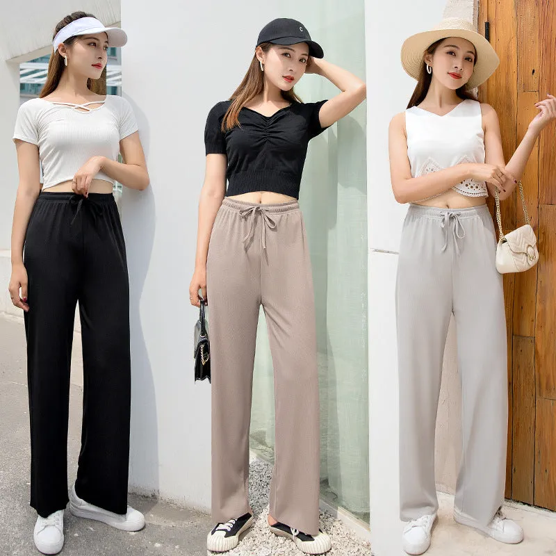 Ice Silk Wide Leg Women Summer High Waist Drape Slim-Look Loose All-Matching Straight Thin Floor Length Casual Pants