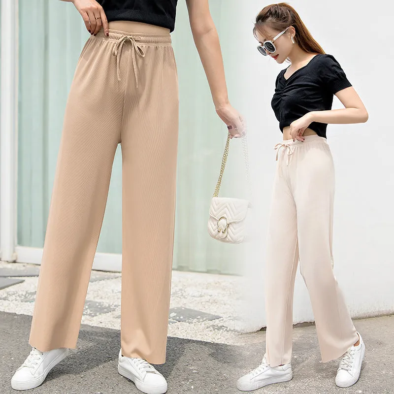 Ice Silk Wide Leg Women Summer High Waist Drape Slim-Look Loose All-Matching Straight Thin Floor Length Casual Pants