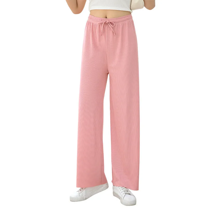 Ice Silk Wide Leg Women Summer High Waist Drape Slim-Look Loose All-Matching Straight Thin Floor Length Casual Pants