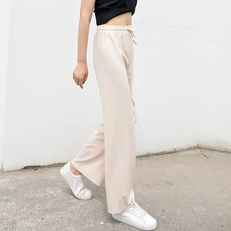 Ice Silk Wide Leg Women Summer High Waist Drape Slim-Look Loose All-Matching Straight Thin Floor Length Casual Pants