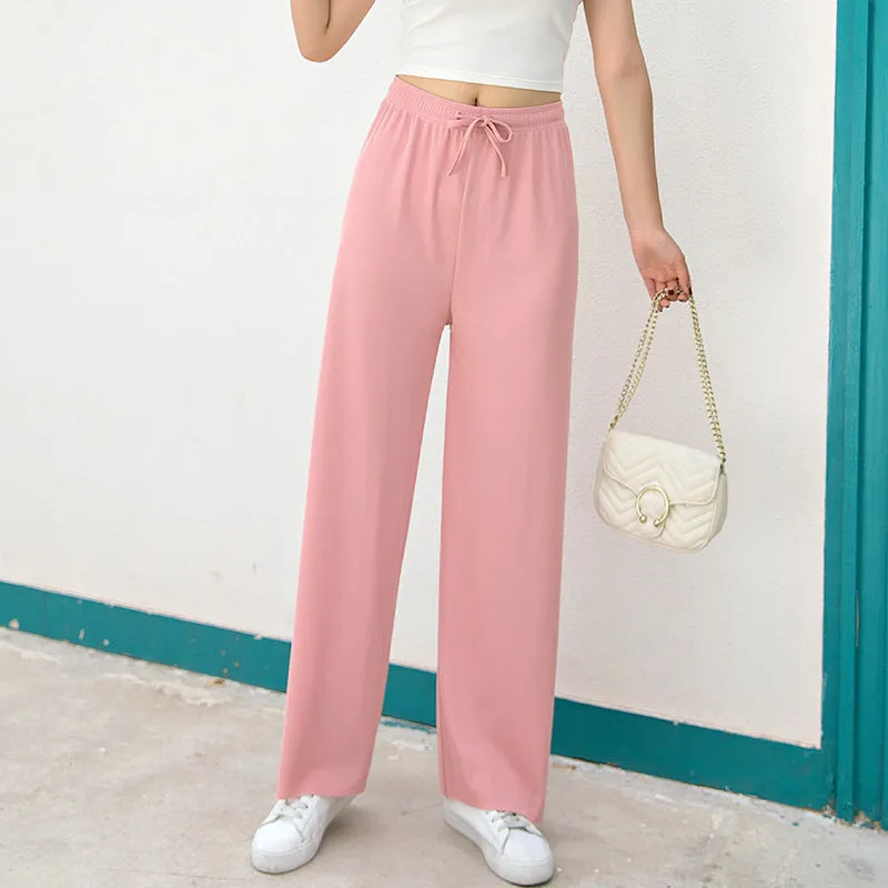 Ice Silk Wide Leg Women Summer High Waist Drape Slim-Look Loose All-Matching Straight Thin Floor Length Casual Pants