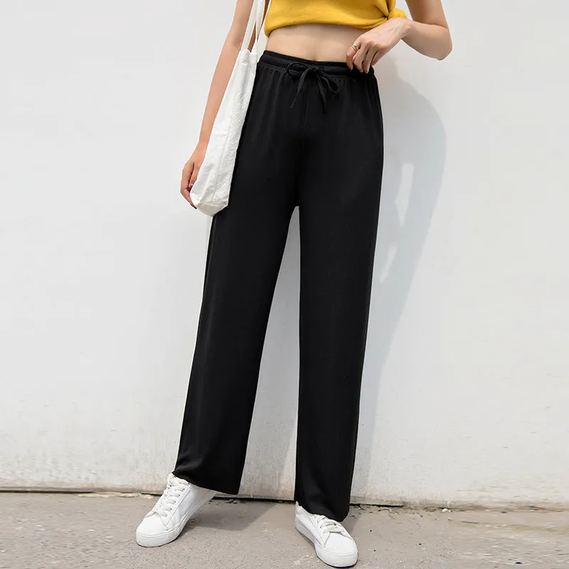 Ice Silk Wide Leg Women Summer High Waist Drape Slim-Look Loose All-Matching Straight Thin Floor Length Casual Pants