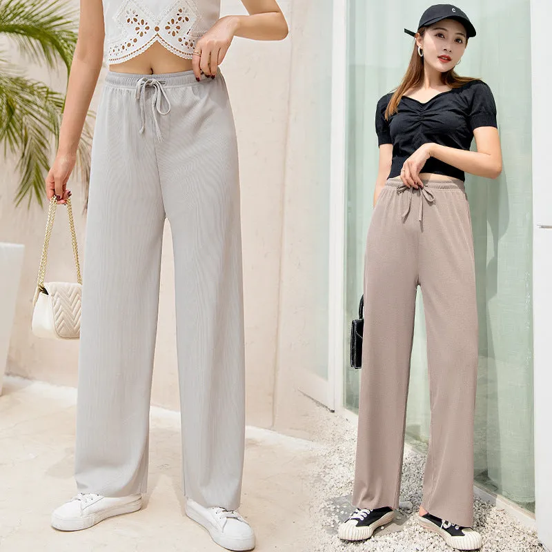 Ice Silk Wide Leg Women Summer High Waist Drape Slim-Look Loose All-Matching Straight Thin Floor Length Casual Pants