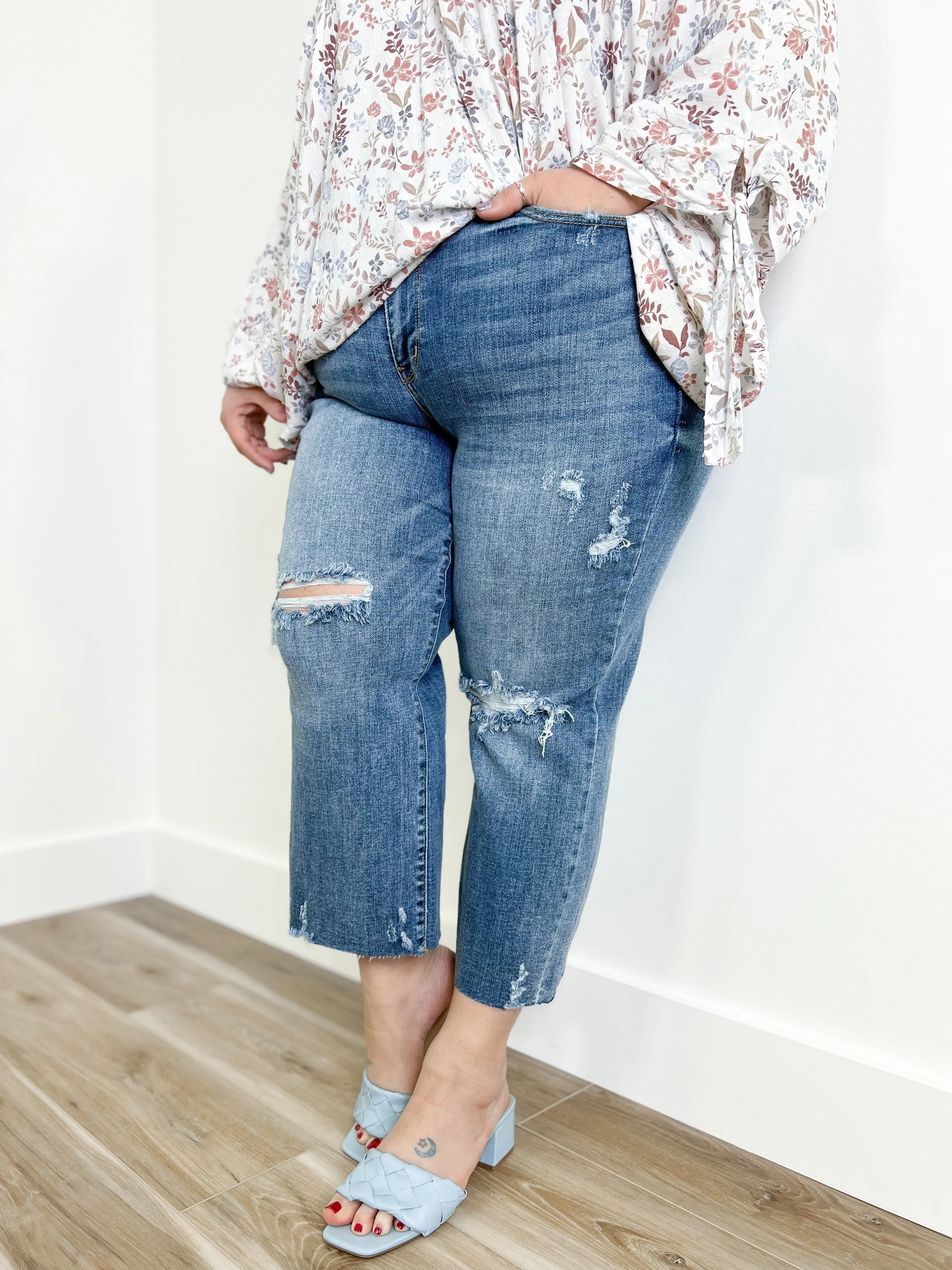 Judy Blue About Last Night Light Wash Destroyed Wide Leg Cropped Jeans