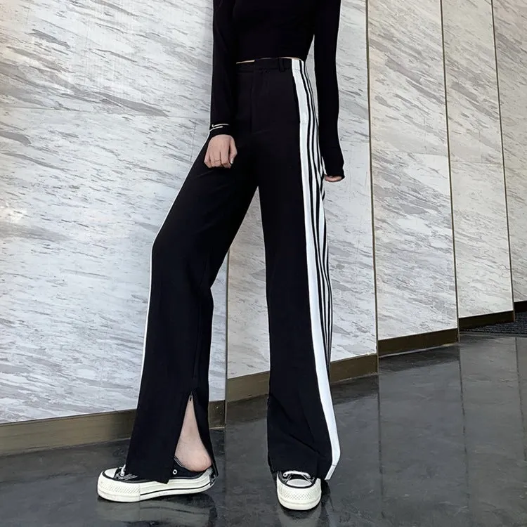 Korean Black Straight Jeans Striped Pants Casual Loose Drape Splitted Wide Leg Women Pants