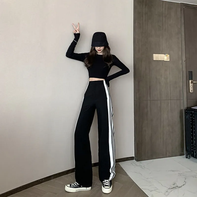 Korean Black Straight Jeans Striped Pants Casual Loose Drape Splitted Wide Leg Women Pants