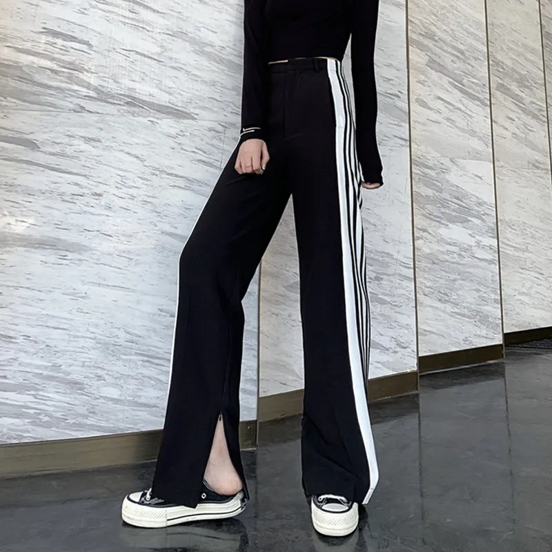 Korean Black Straight Jeans Striped Pants Casual Loose Drape Splitted Wide Leg Women Pants