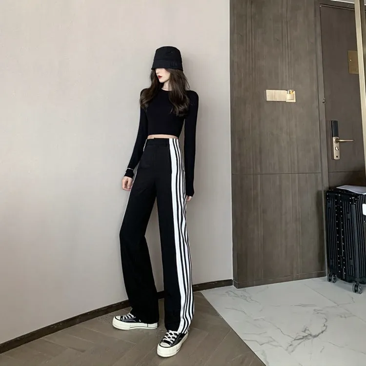 Korean Black Straight Jeans Striped Pants Casual Loose Drape Splitted Wide Leg Women Pants