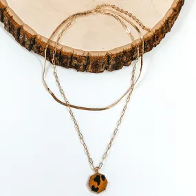 Layered Herringbone Chain Necklace in Gold Tone with Octagon Pendant in Brown Animal Print