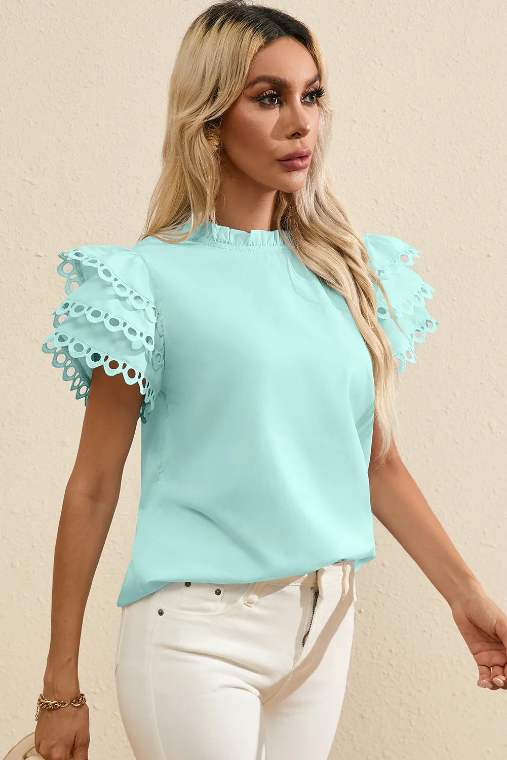 Layered Ric Rac Cap Sleeve Frilled Neck Blouse