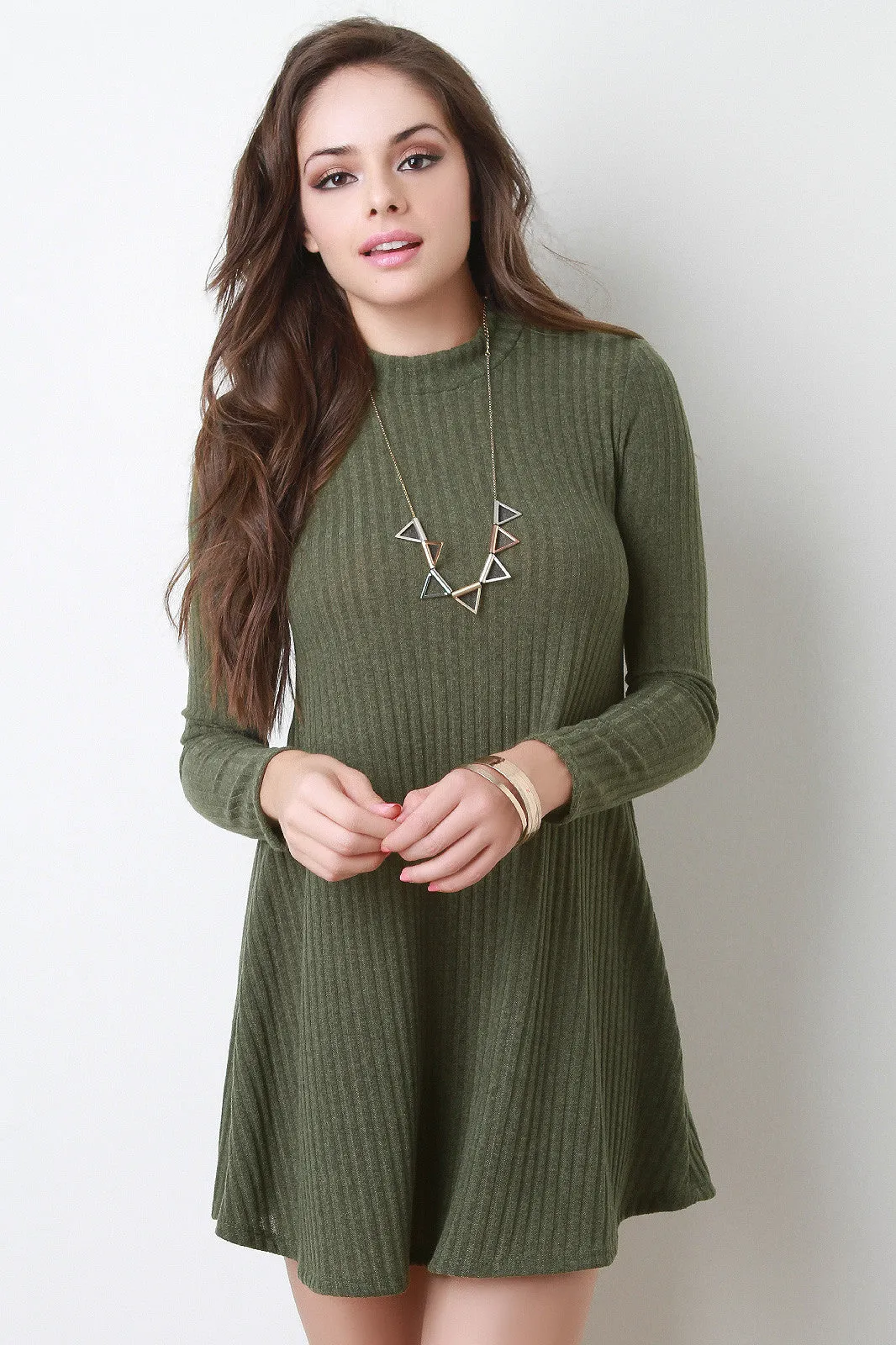 Long Sleeve Ribbed Knit Shift Dress