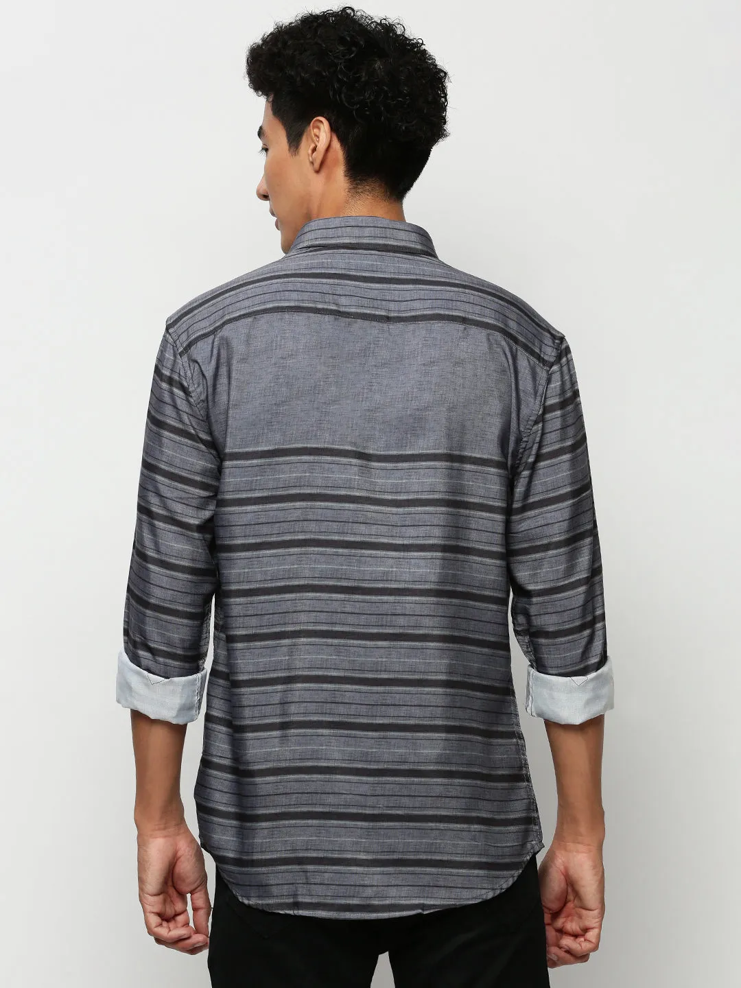 Men Grey Striped Casual Casual Shirts