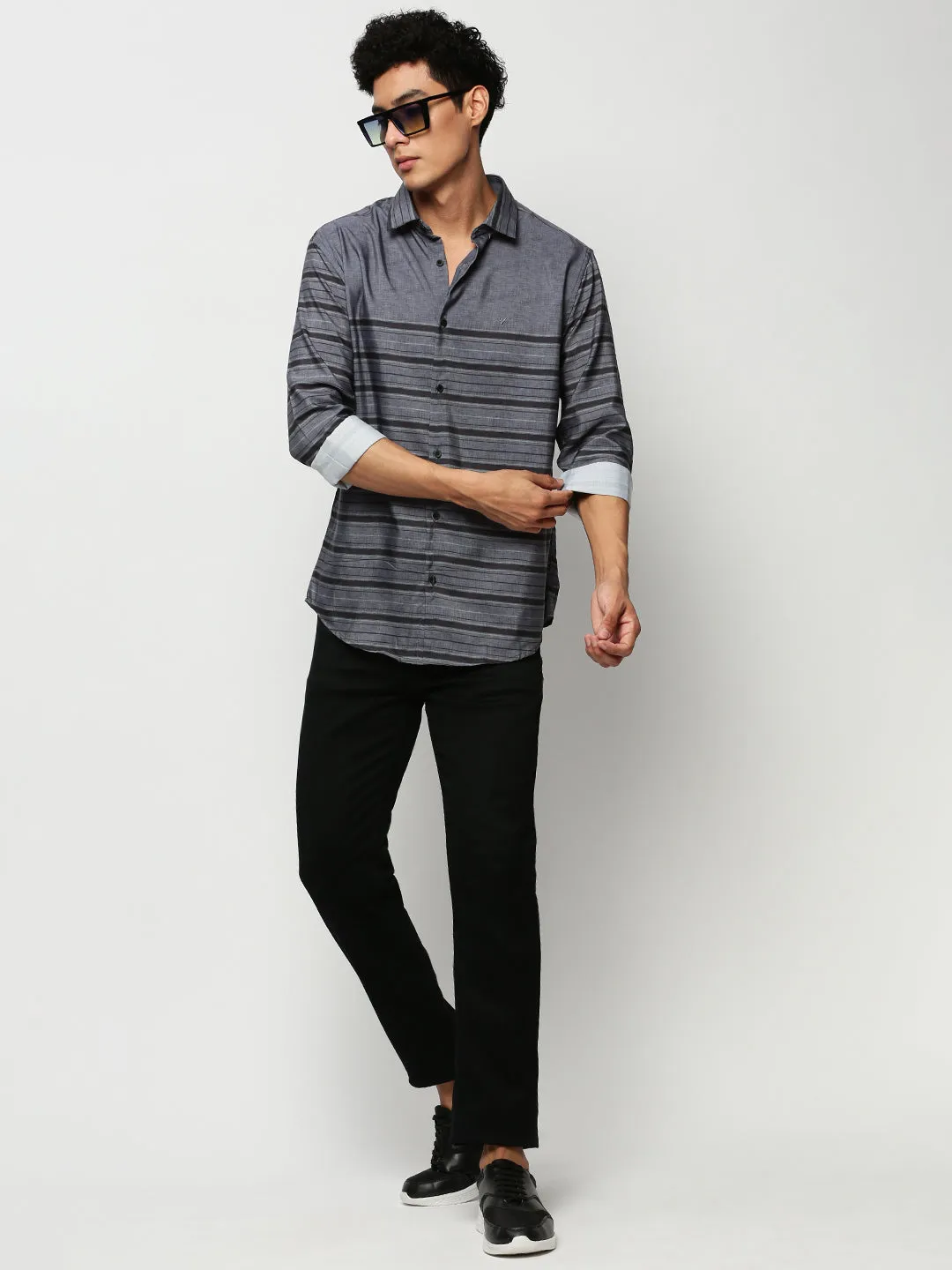 Men Grey Striped Casual Casual Shirts