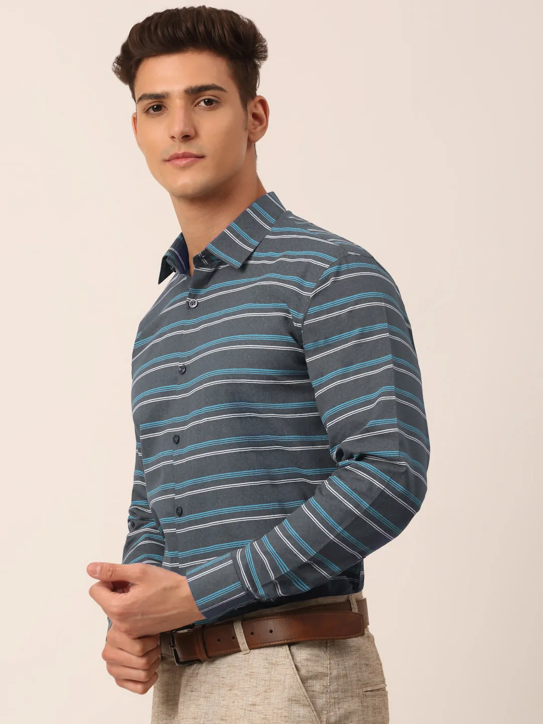 Men's  Cotton Striped Formal Shirts ( SF 820Grey ) - Jainish