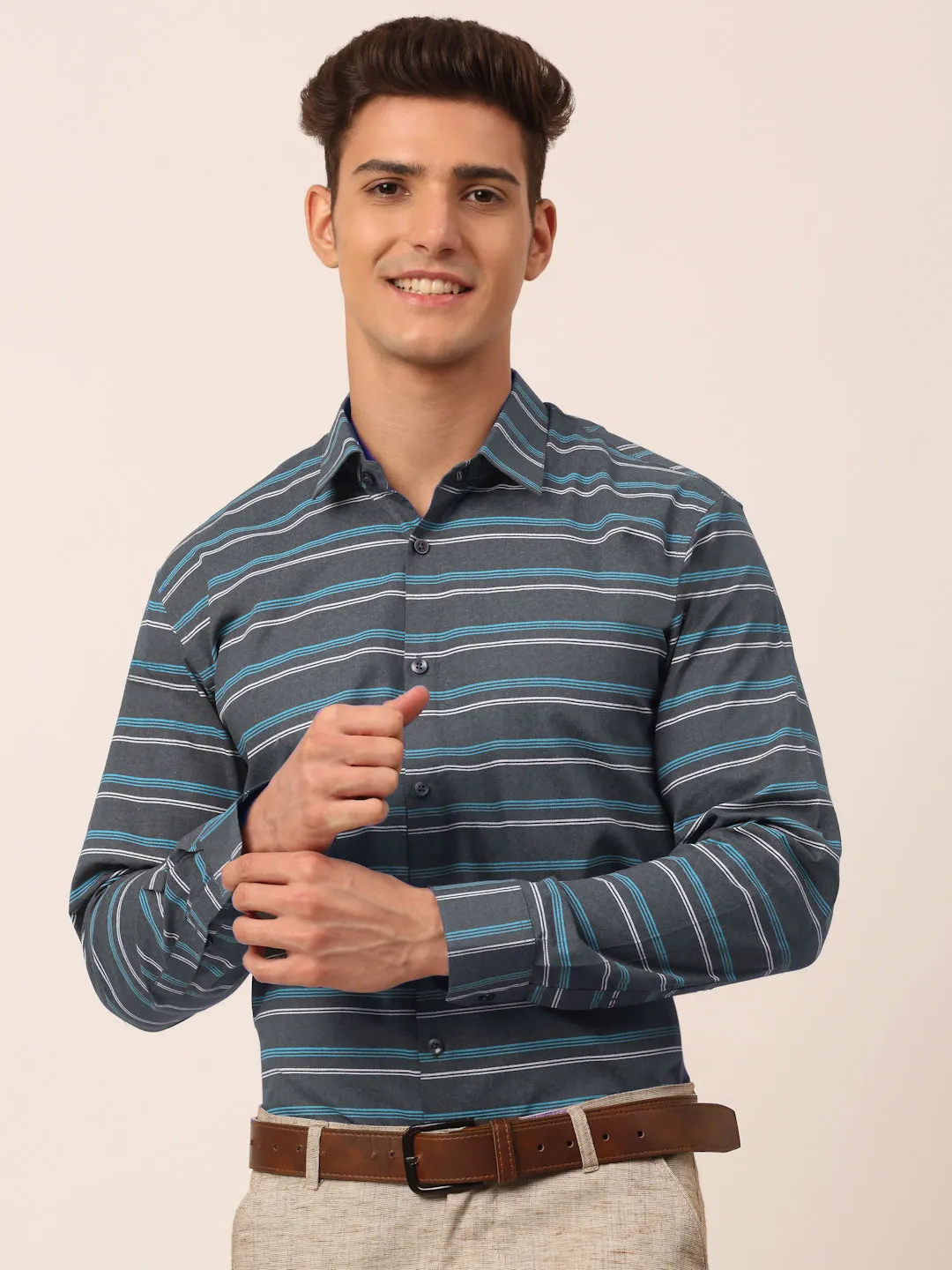 Men's  Cotton Striped Formal Shirts ( SF 820Grey ) - Jainish