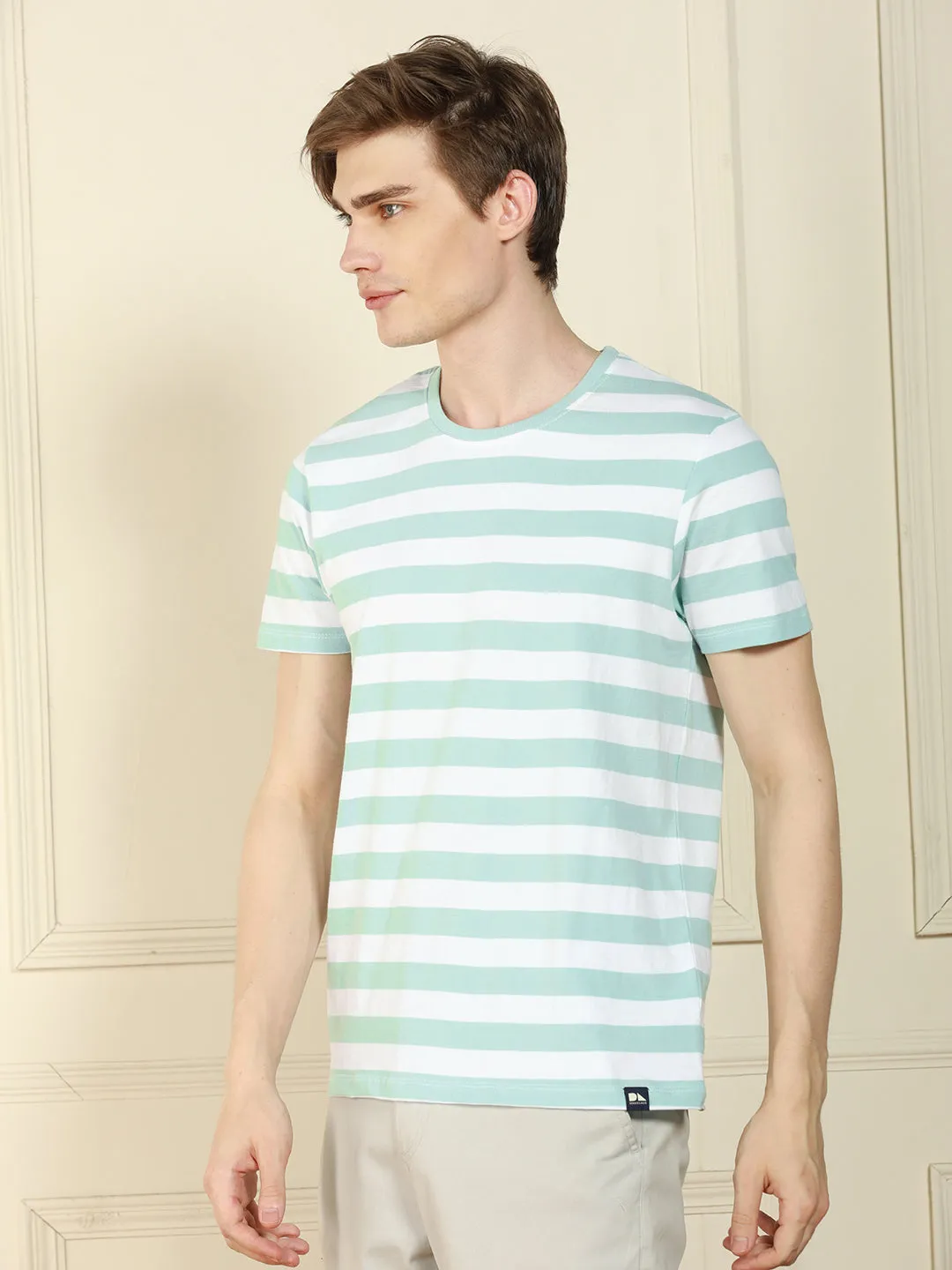 Men's Light Blue Crew Neck Striped Cotton T-Shirt