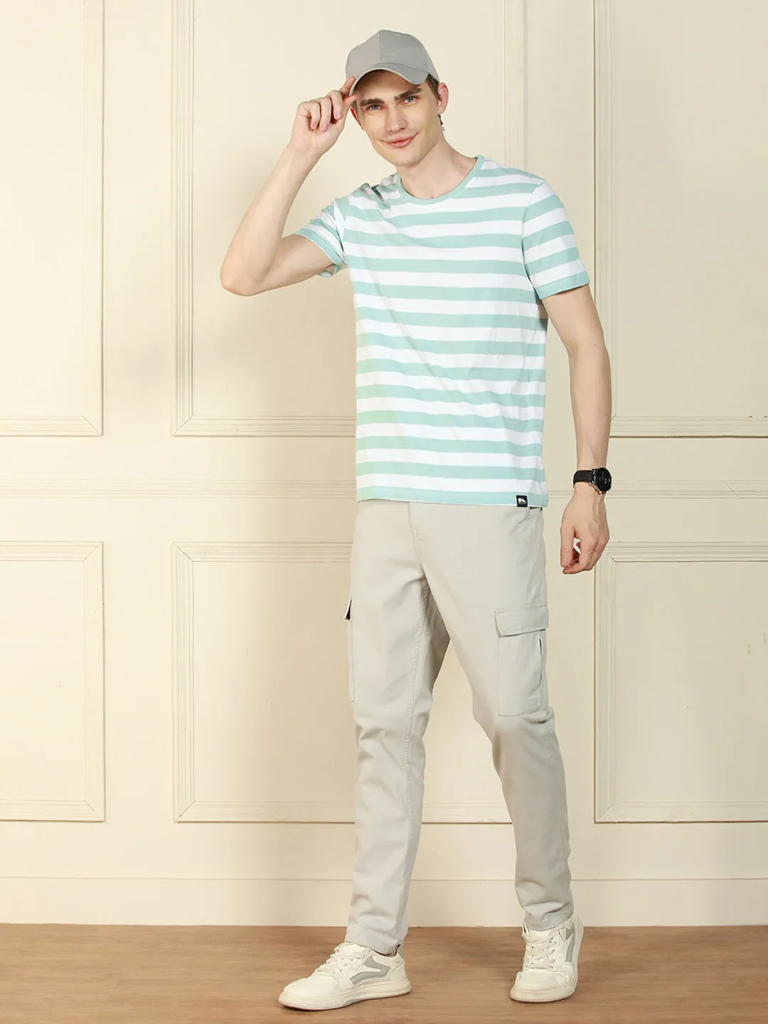 Men's Light Blue Crew Neck Striped Cotton T-Shirt